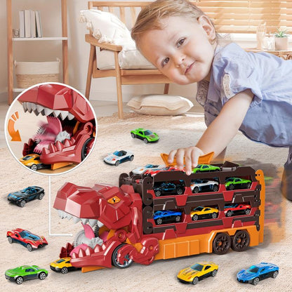 Foldable Ultimate Dinosaur Transport Truck Toy Set for Kids Aged 3-7 – Includes 12 Small Cars