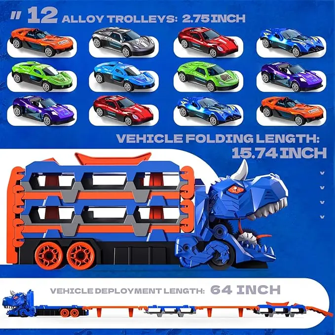 Foldable Ultimate Dinosaur Transport Truck Toy Set for Kids Aged 3-7 – Includes 12 Small Cars