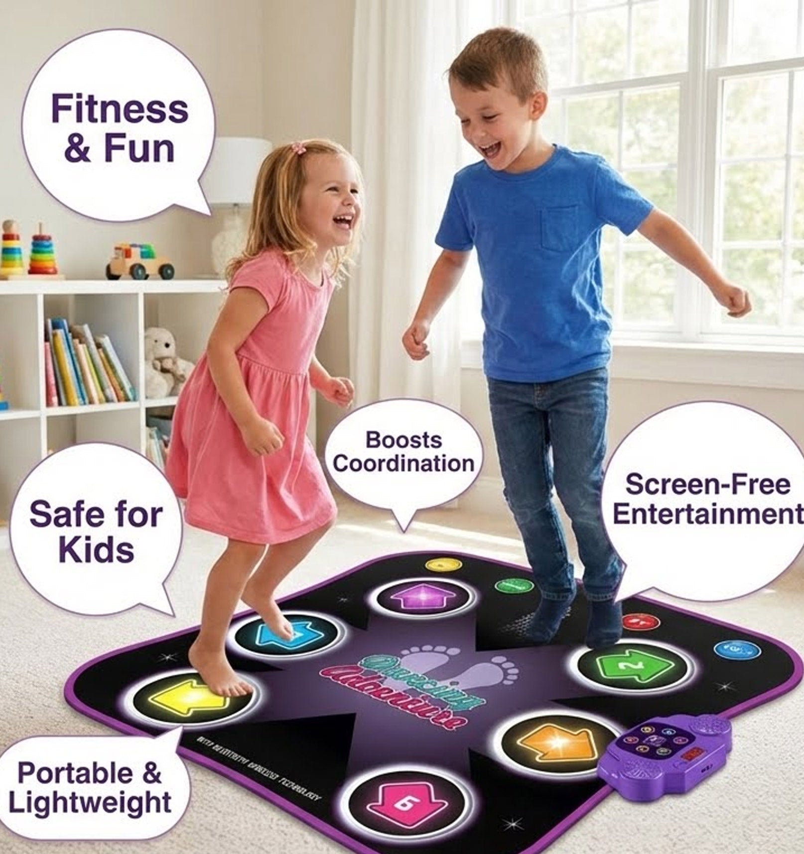 Electronic Music Dance Mat for Kids (Ages 3-12) – Light-Up 6-Button Pad, Wireless Bluetooth, 5 Fun Game Modes