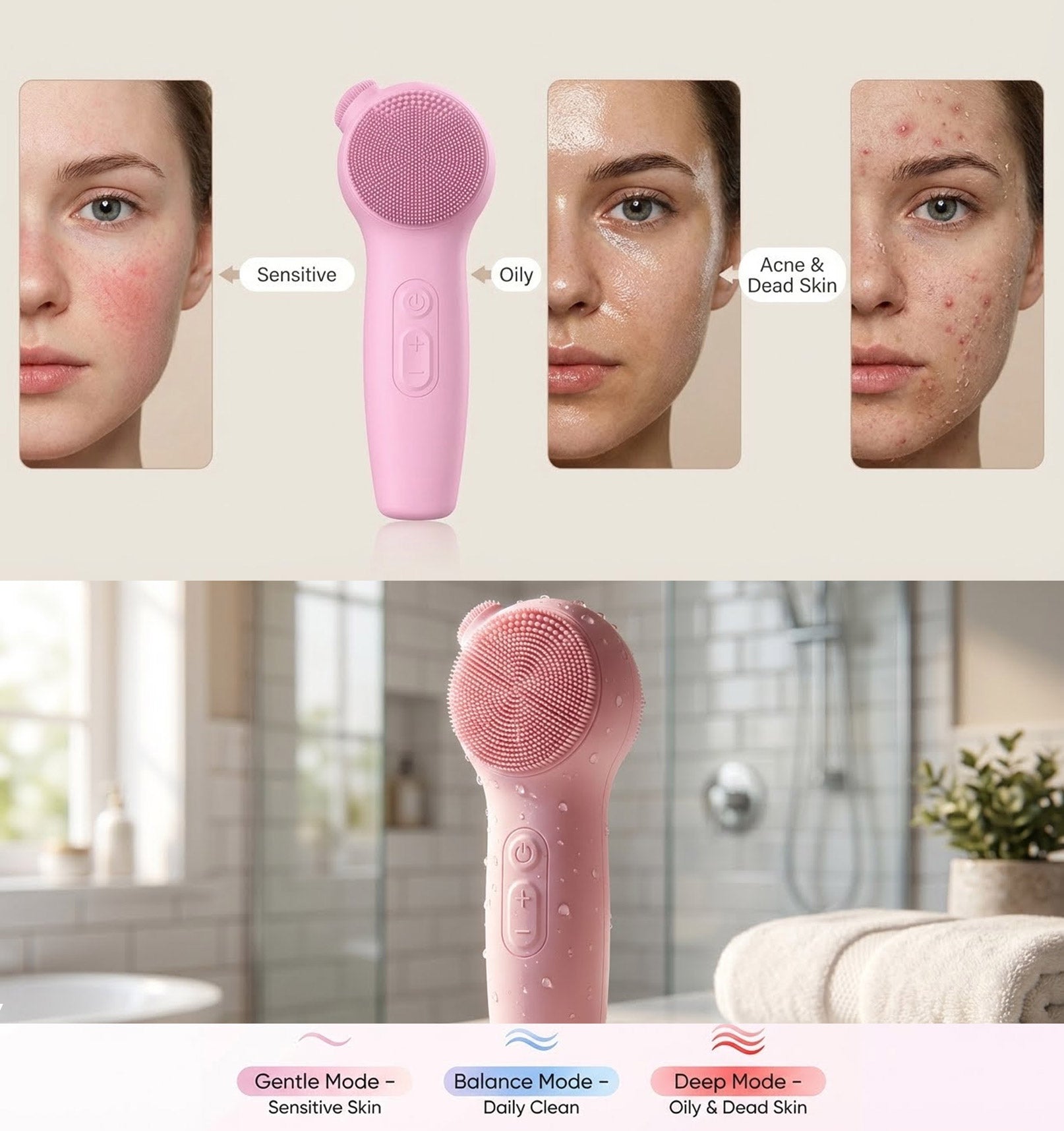 Silicone Deep Face Scrubber, Waterproof Rechargeable , 5 Cleansing Modes with Nose Brush
