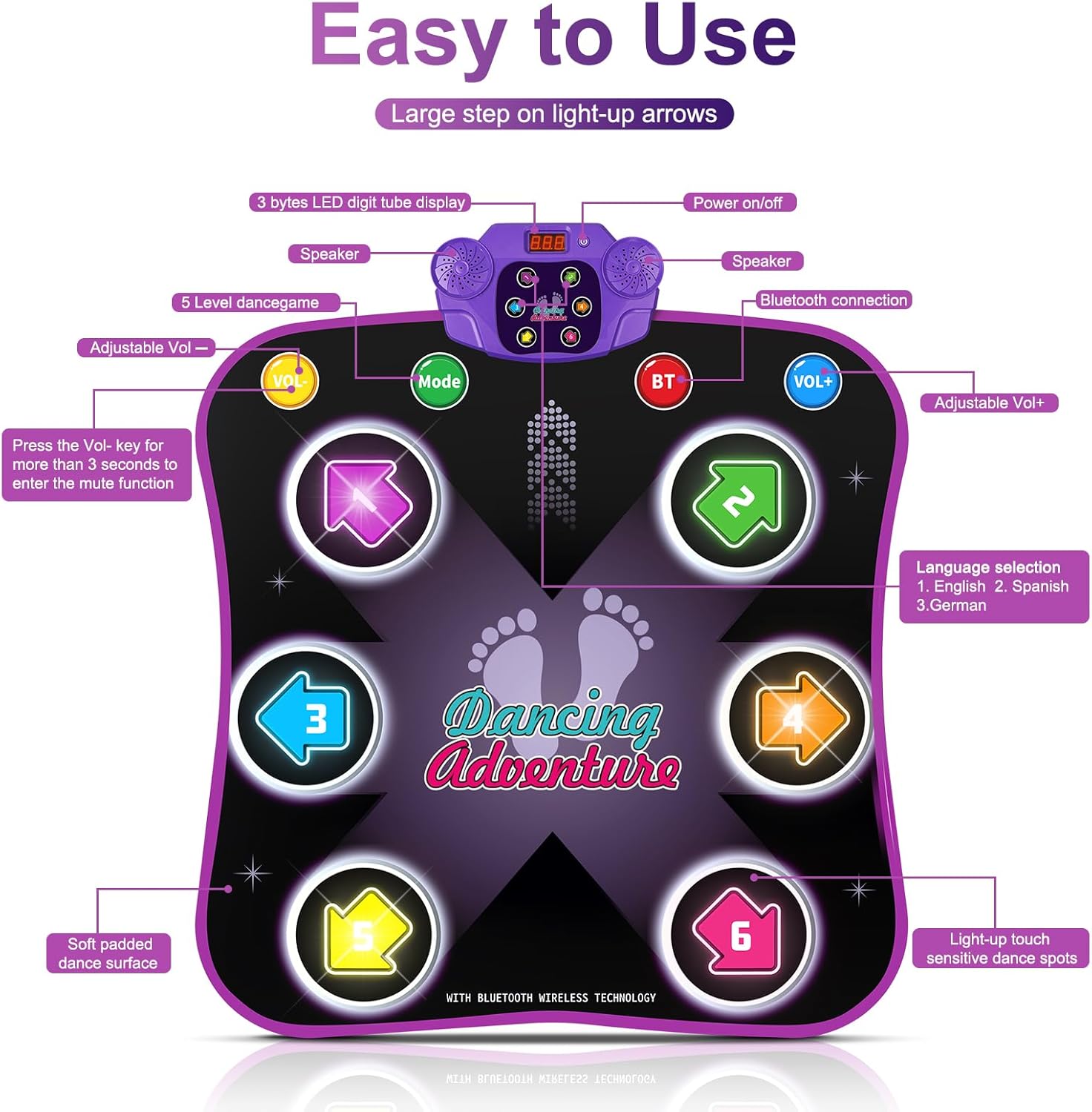 Electronic Music Dance Mat for Kids (Ages 3-12) – Light-Up 6-Button Pad, Wireless Bluetooth, 5 Fun Game Modes