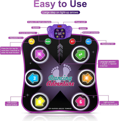 Electronic Music Dance Mat for Kids (Ages 3-12) – Light-Up 6-Button Pad, Wireless Bluetooth, 5 Fun Game Modes