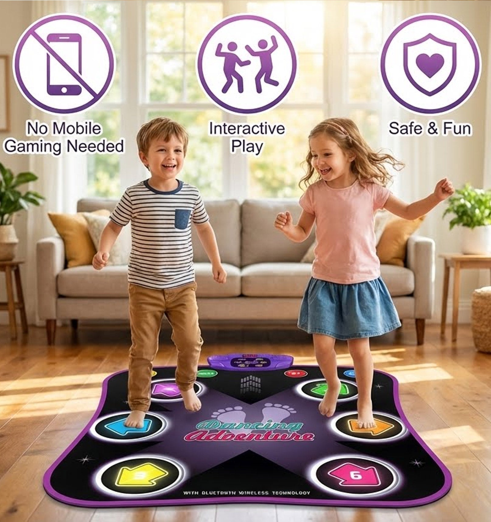 Electronic Music Dance Mat for Kids (Ages 3-12) – Light-Up 6-Button Pad, Wireless Bluetooth, 5 Fun Game Modes