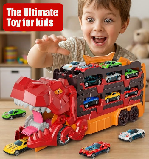 Foldable Ultimate Dinosaur Transport Truck Toy Set for Kids Aged 3-7 – Includes 12 Small Cars