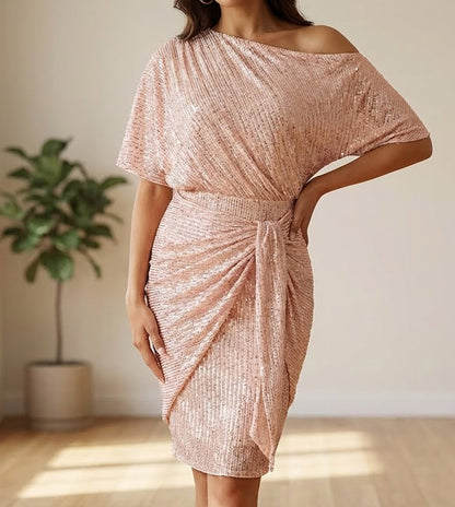 RoseGy™Shiny Pleated One-Shoulder Dinner or Club Dress