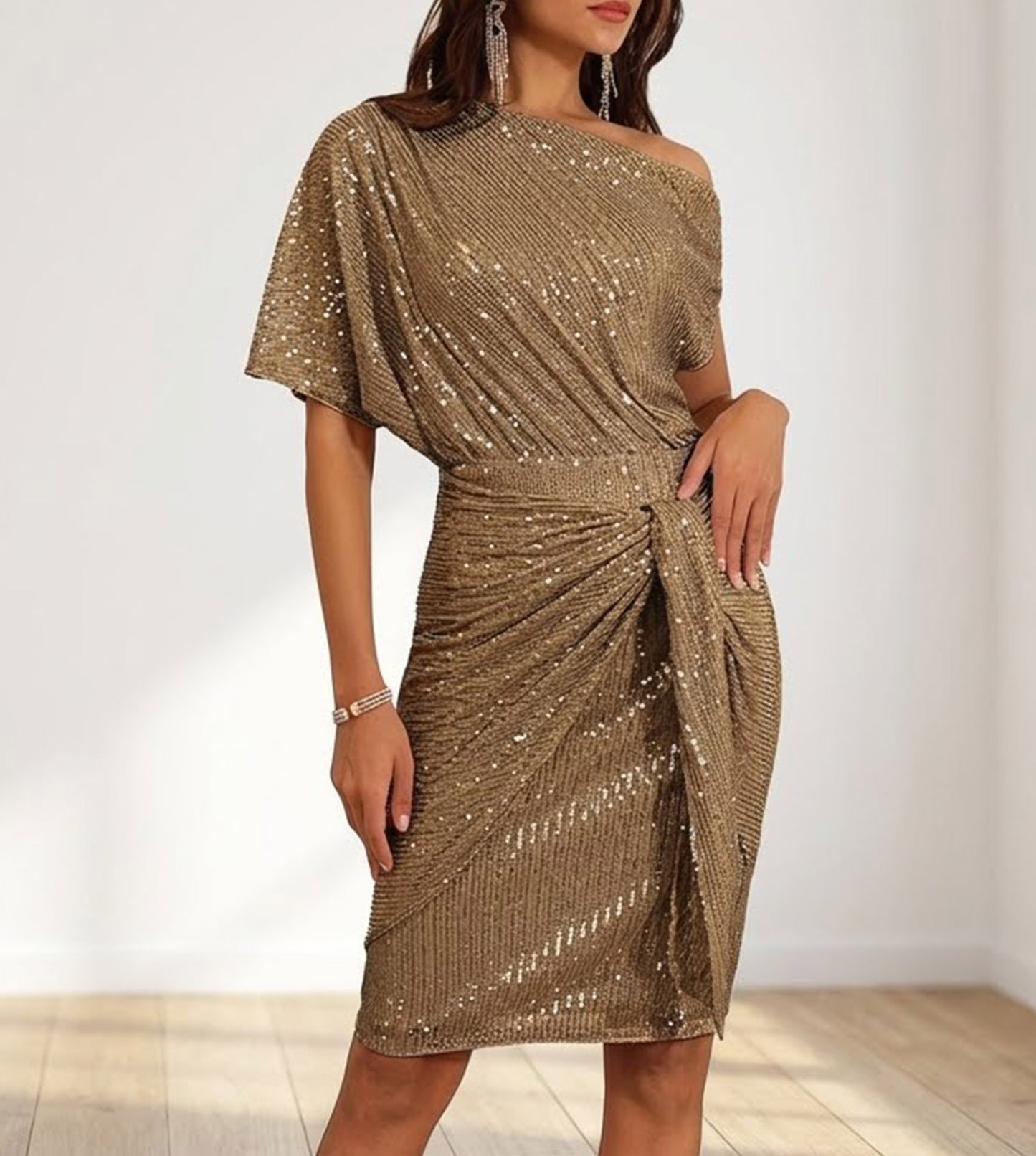 RoseGy™Shiny Pleated One-Shoulder Dinner or Club Dress