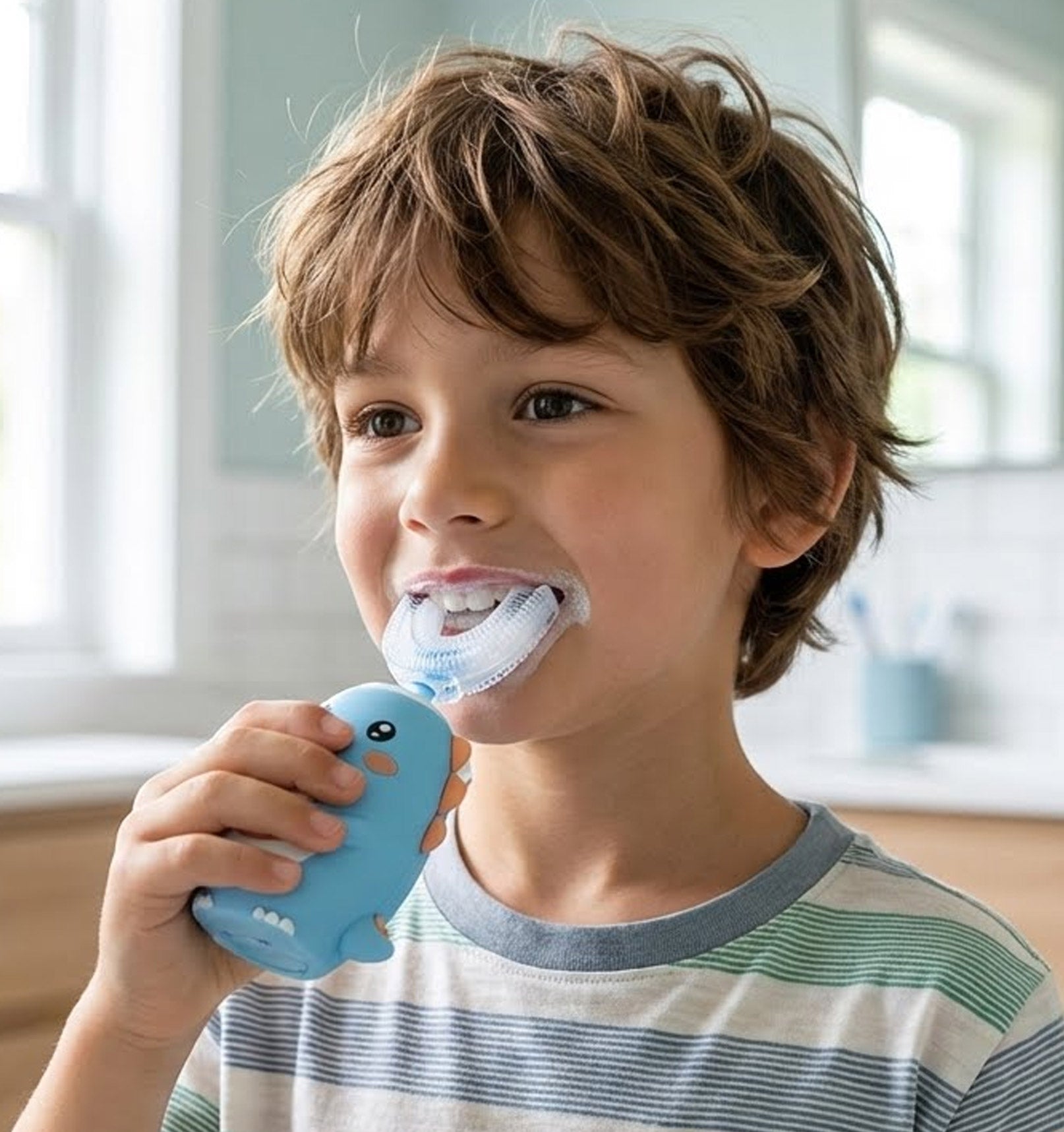 Rosegy  Kids U-Shaped Electric Toothbrush (Ages 6–12) – Dinosaur Design, 360° Cleaning, 5 Modes, Waterproof