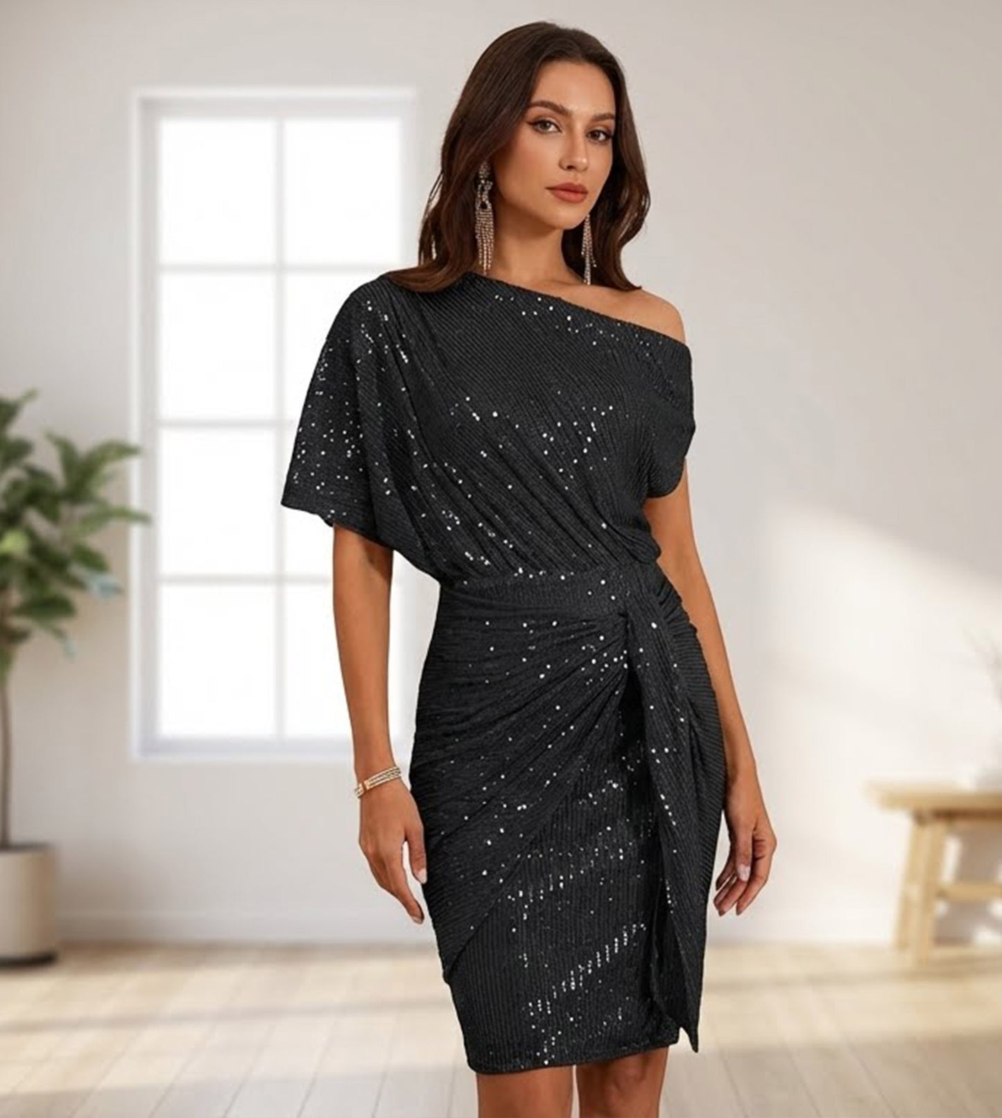 RoseGy™Shiny Pleated One-Shoulder Dinner or Club Dress