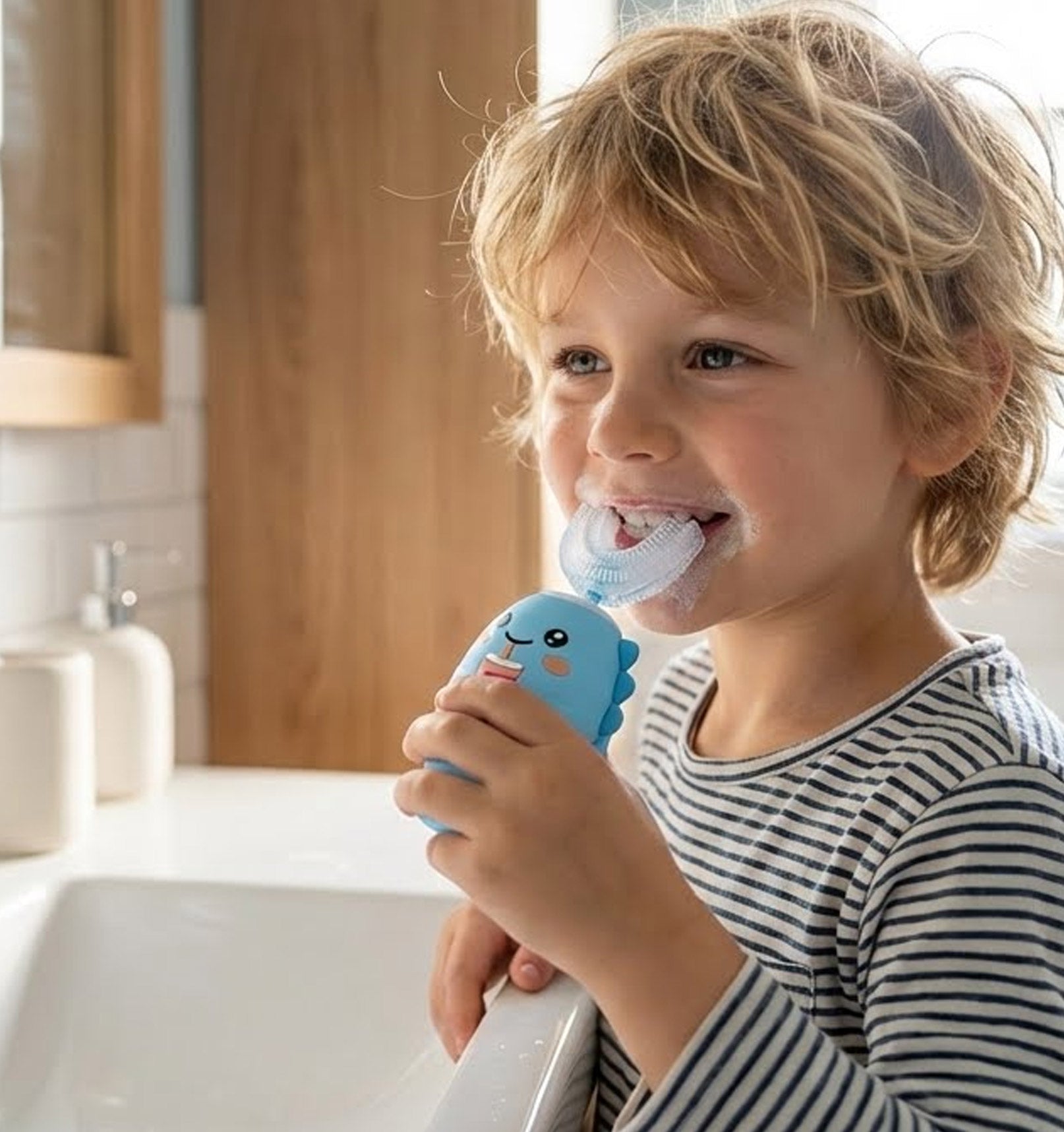 Rosegy  Kids U-Shaped Electric Toothbrush (Ages 6–12) – Dinosaur Design, 360° Cleaning, 5 Modes, Waterproof
