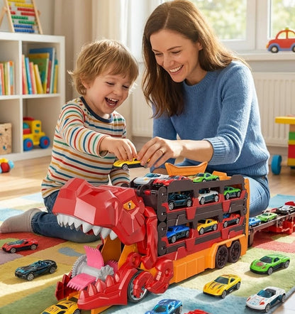 Foldable Ultimate Dinosaur Transport Truck Toy Set for Kids Aged 3-7 – Includes 12 Small Cars