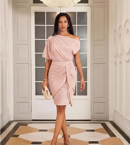 RoseGy™Shiny Pleated One-Shoulder Dinner or Club Dress