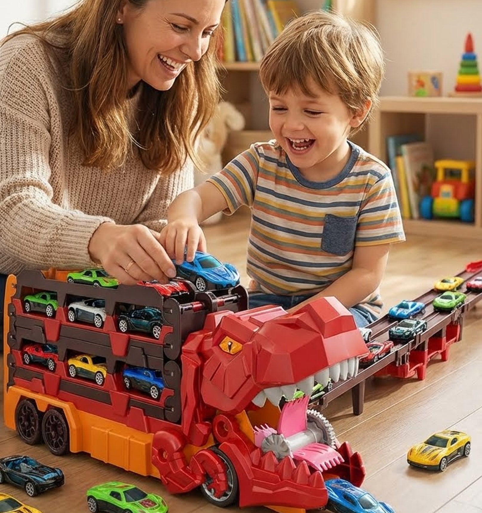 Foldable Ultimate Dinosaur Transport Truck Toy Set for Kids Aged 3-7 – Includes 12 Small Cars