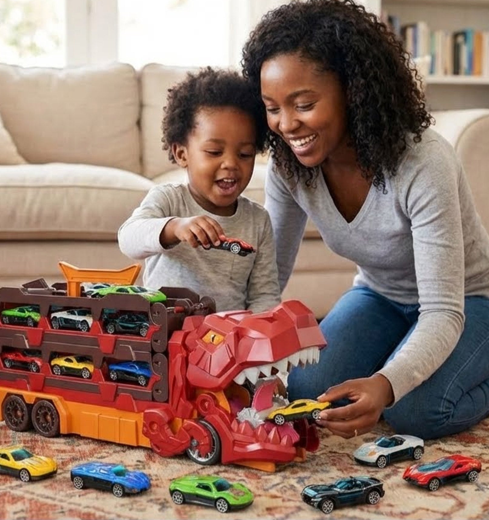Foldable Ultimate Dinosaur Transport Truck Toy Set for Kids Aged 3-7 – Includes 12 Small Cars