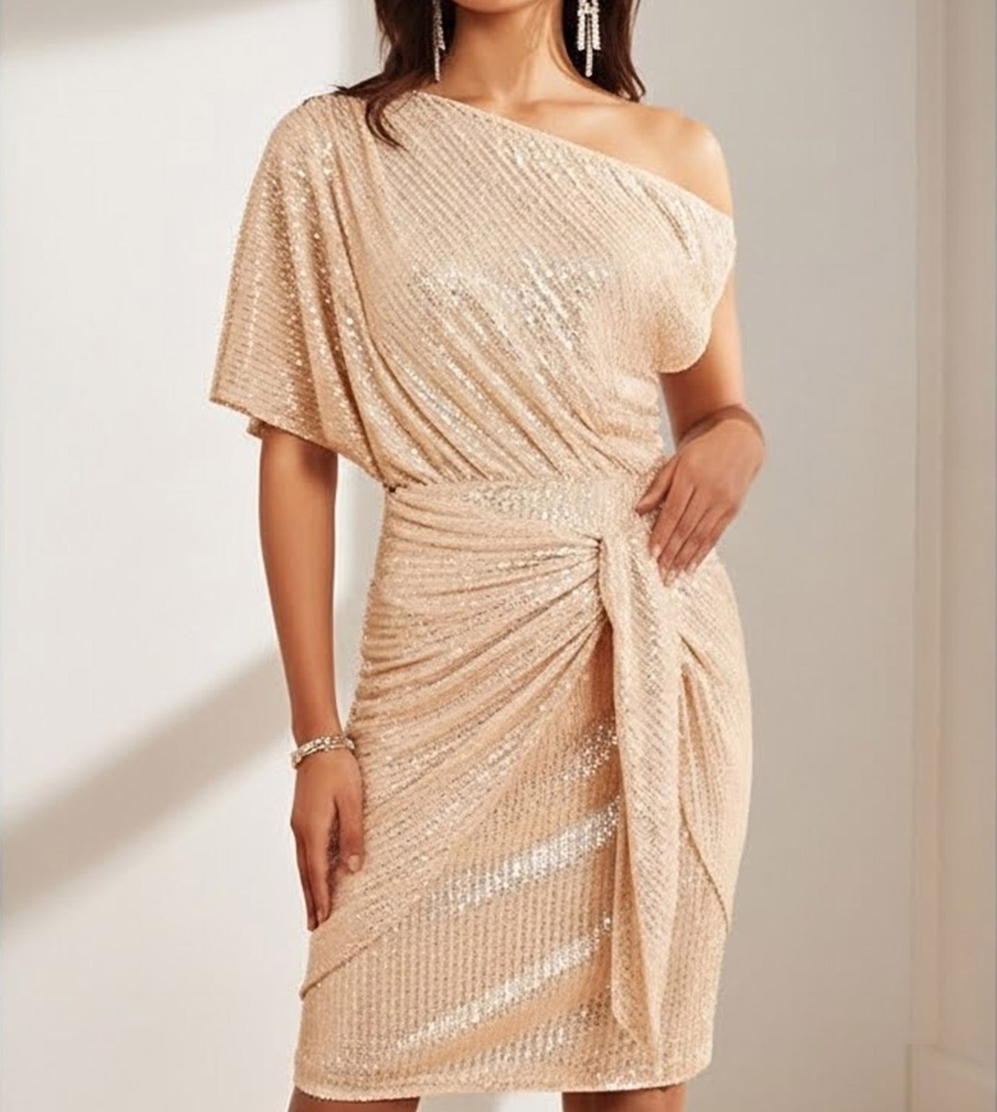 RoseGy™Shiny Pleated One-Shoulder Dinner or Club Dress