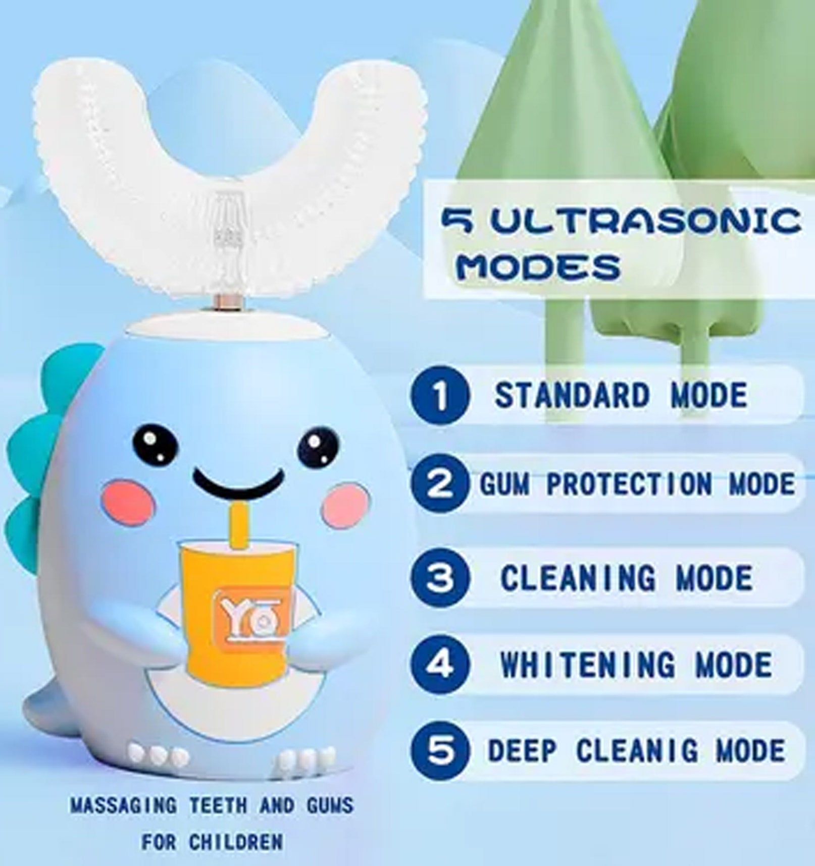 Rosegy  Kids U-Shaped Electric Toothbrush (Ages 6–12) – Dinosaur Design, 360° Cleaning, 5 Modes, Waterproof