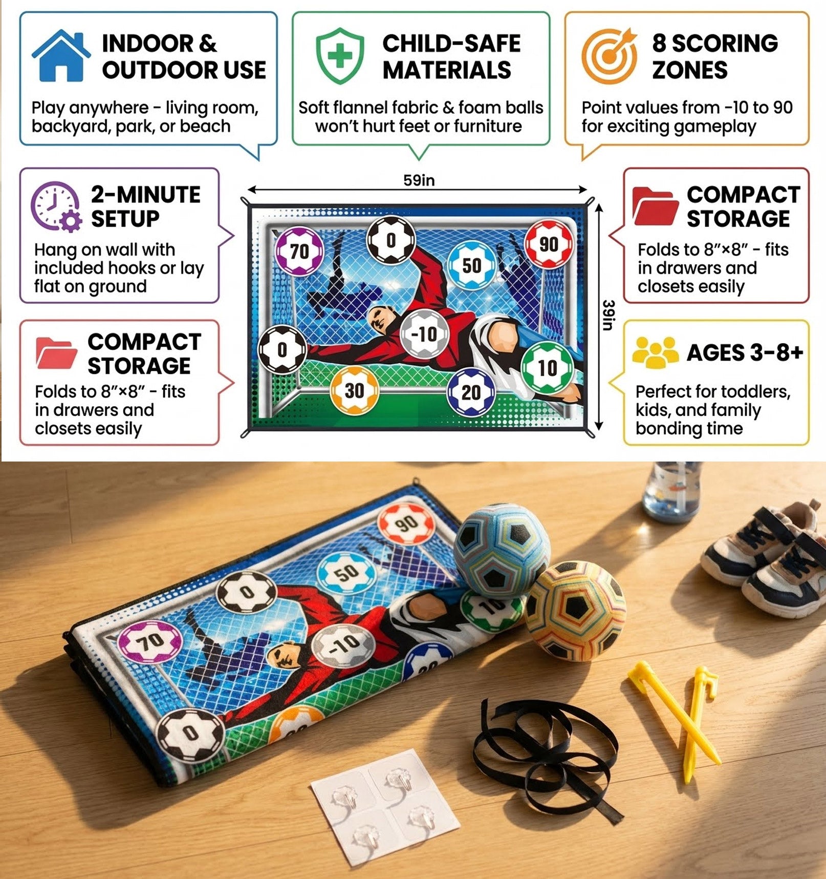 Rosegay Indoor Outdoor Children' Football Training Mat Soccer Ball Game Set Flannel Goals Target